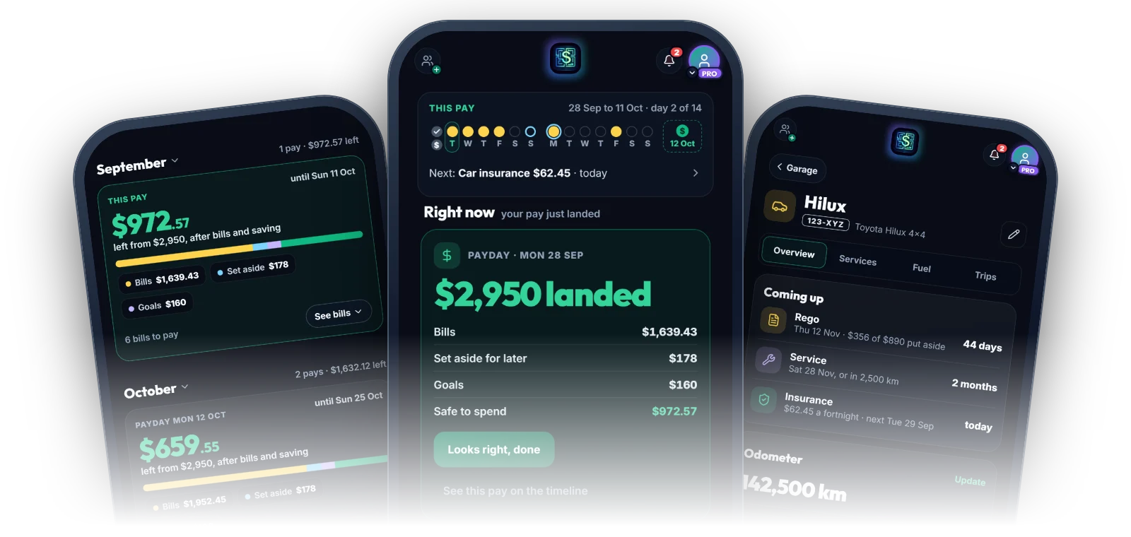 Three Money Maze screens on phones: the Timeline, Home on payday, and the Garage