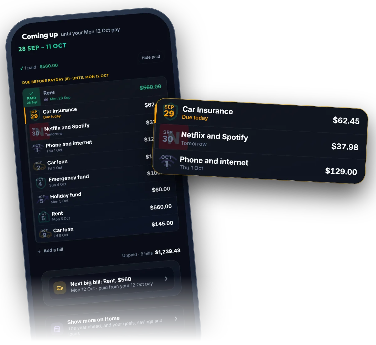The list of bills due before payday on a phone, with the next three bills drawn large