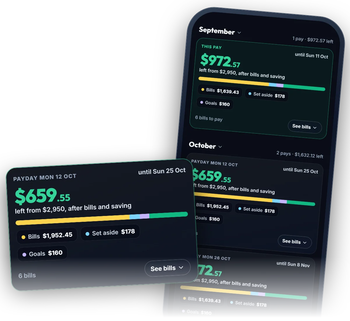 The Money Maze timeline on a phone, with the pay of Mon 12 Oct drawn large: $659.55 left after bills and saving