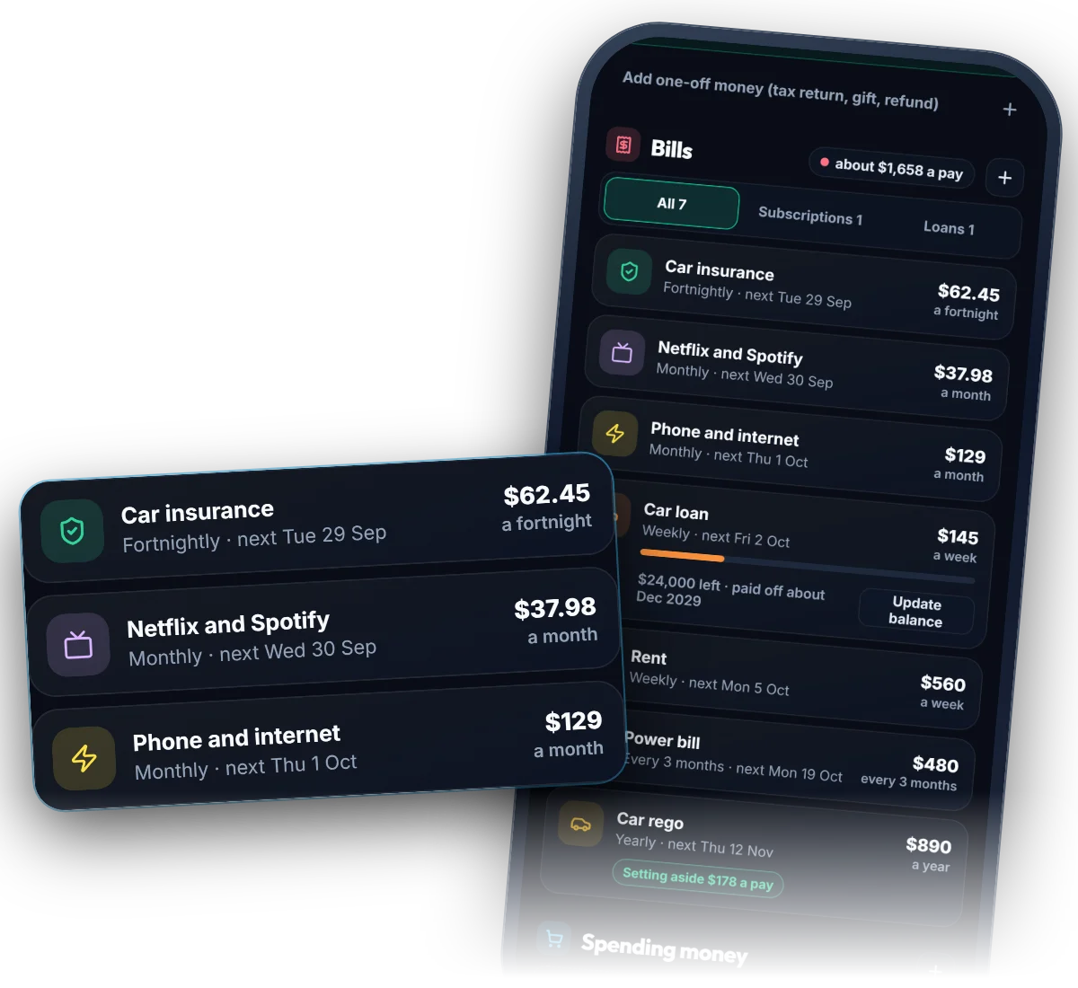 The list of bills in Money Maze on a phone, with three drawn large: car insurance $62.45 a fortnight, Netflix and Spotify $37.98 a month, phone and internet $129.00 a month