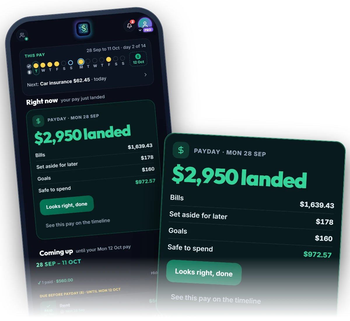 Home on payday on a phone, with the figures drawn large: $2,950 landed, and $972.57 safe to spend after bills, set-asides and goals