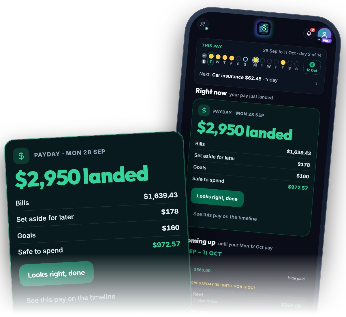 Money Maze on a phone on payday: $2,950 landed, and $972.57 safe to spend after bills, set-asides and goals